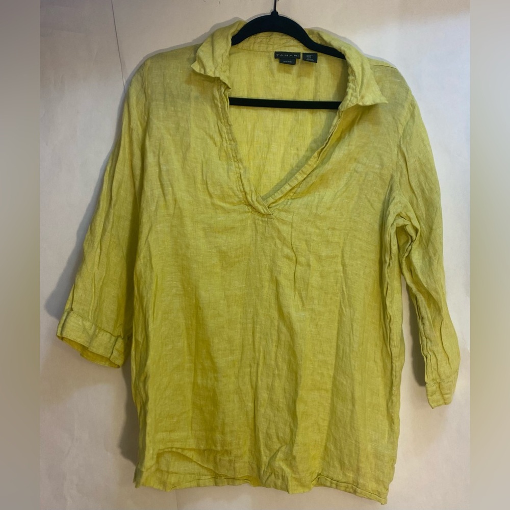 Tahari Woman’s 100% Linen Collared Popover Tunic Shirt - 3/4 Sleeve Size Medium‎